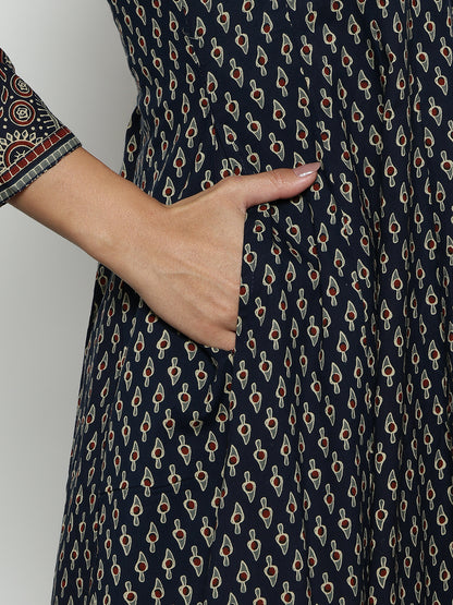 Navy Blue Ajrak Anarakali Cotton Stitched Kurta, Palazzo With Dupatta