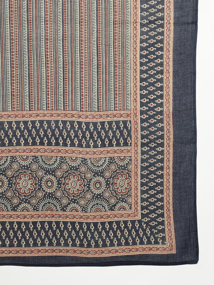 Navy Blue Ajrak Anarakali Cotton Stitched Kurta, Palazzo With Dupatta