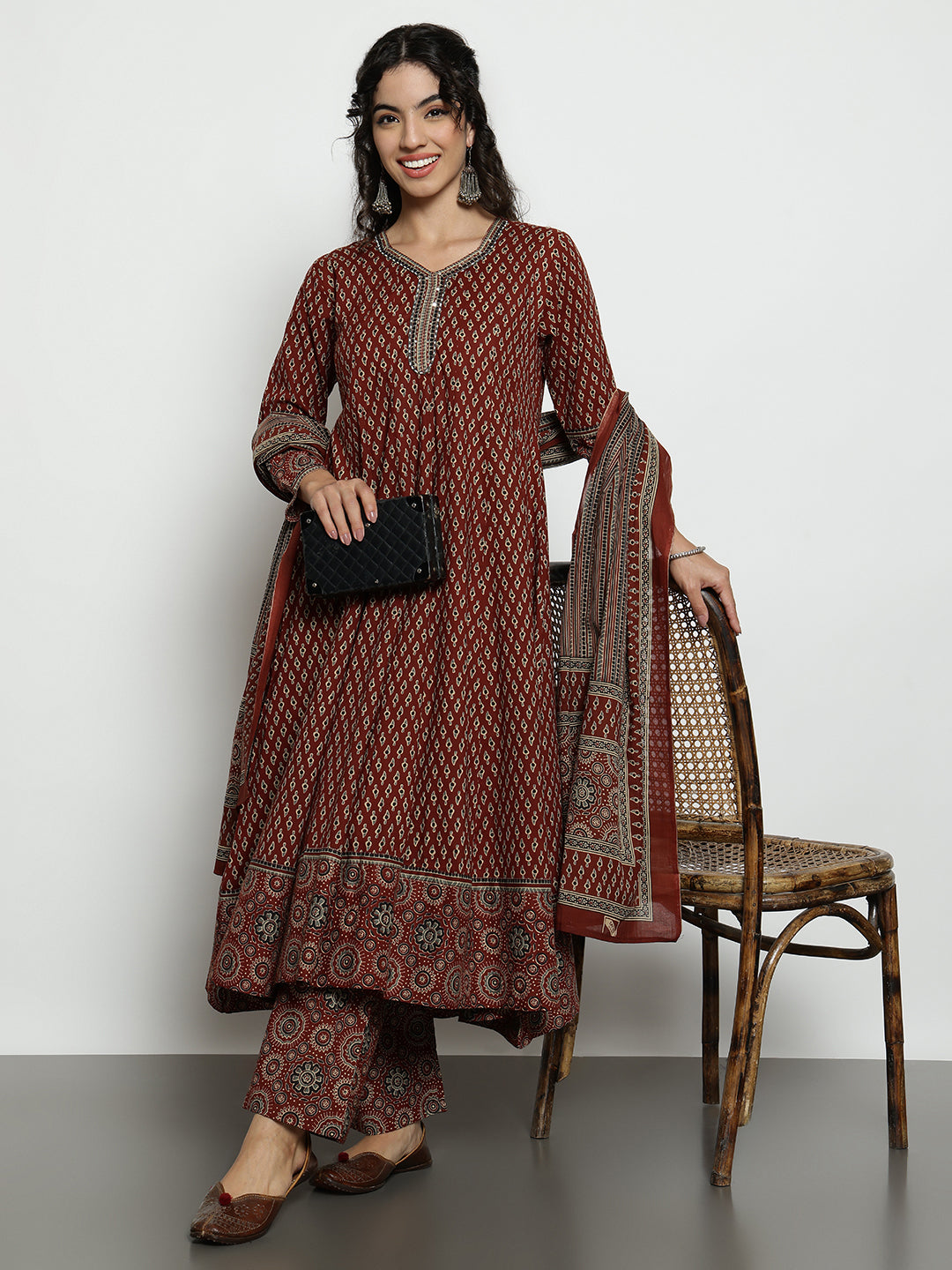 Maroon Ajrak Anarakali Cotton Stitched Kurta, Palazzo With Dupatta