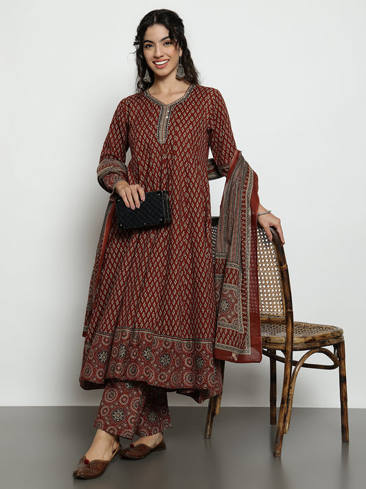Maroon Ajrak Anarakali Cotton Stitched Kurta, Palazzo With Dupatta