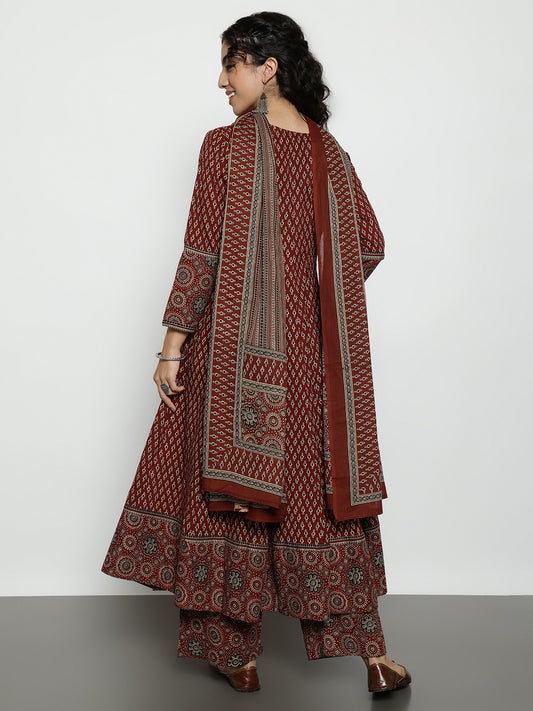 Maroon Ajrak Anarakali Cotton Stitched Kurta, Palazzo With Dupatta
