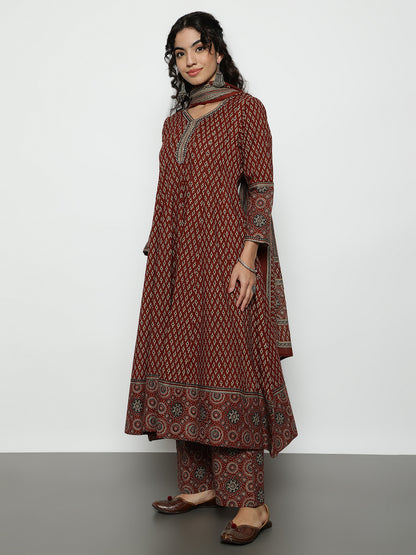 Maroon Ajrak Anarakali Cotton Stitched Kurta, Palazzo With Dupatta