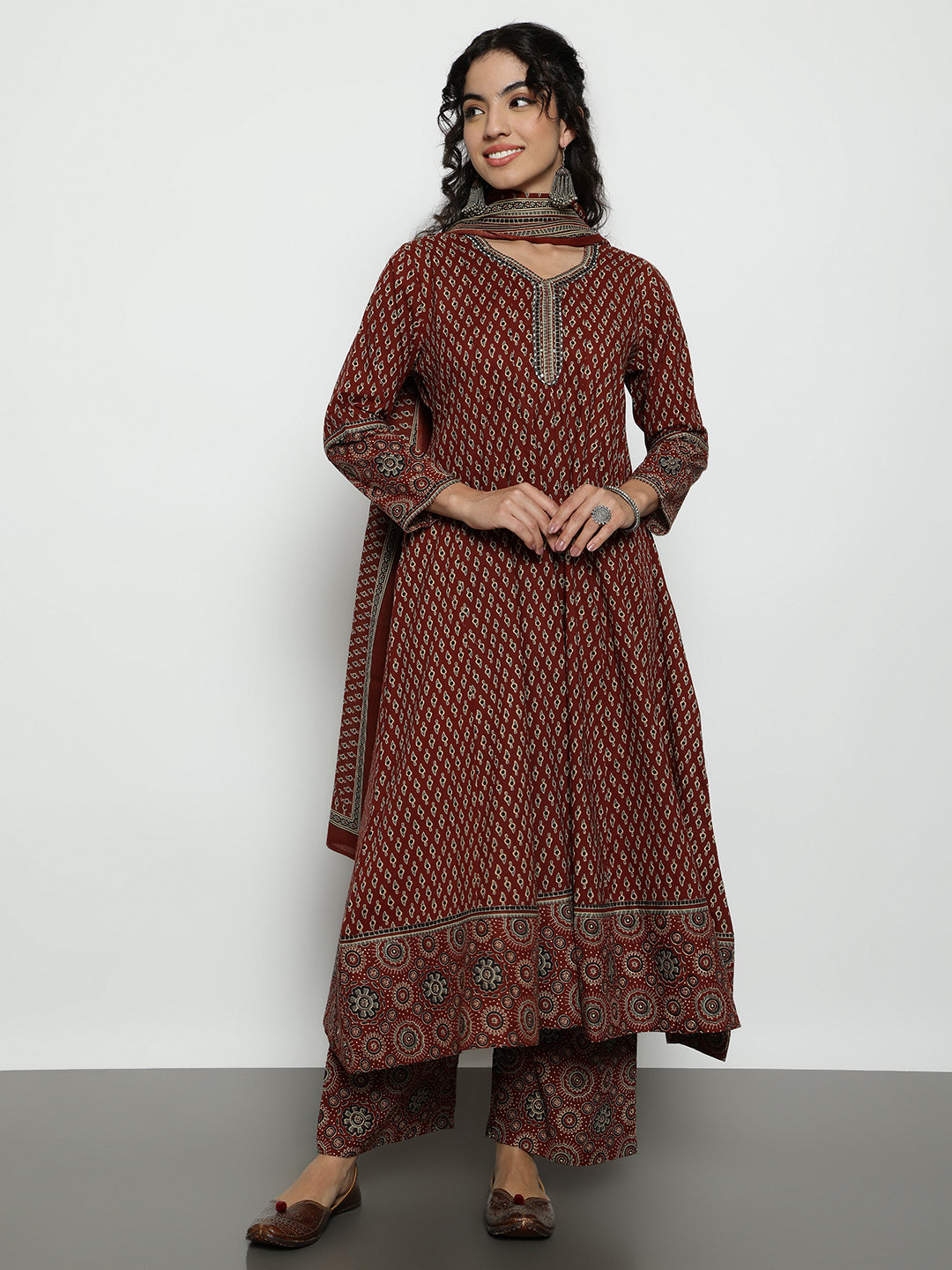 Maroon Ajrak Anarakali Cotton Stitched Kurta, Palazzo With Dupatta