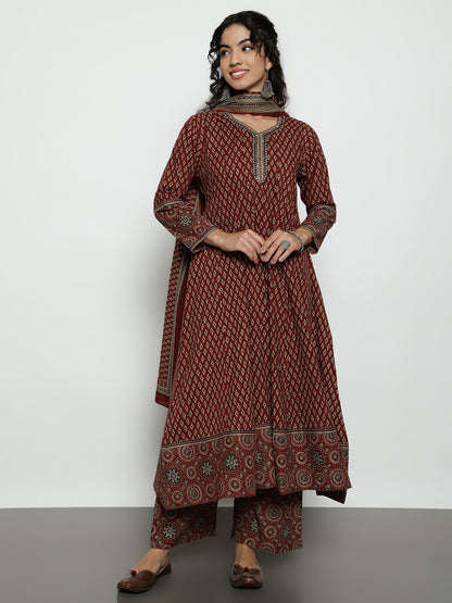 Maroon Ajrak Anarakali Cotton Stitched Kurta, Palazzo With Dupatta