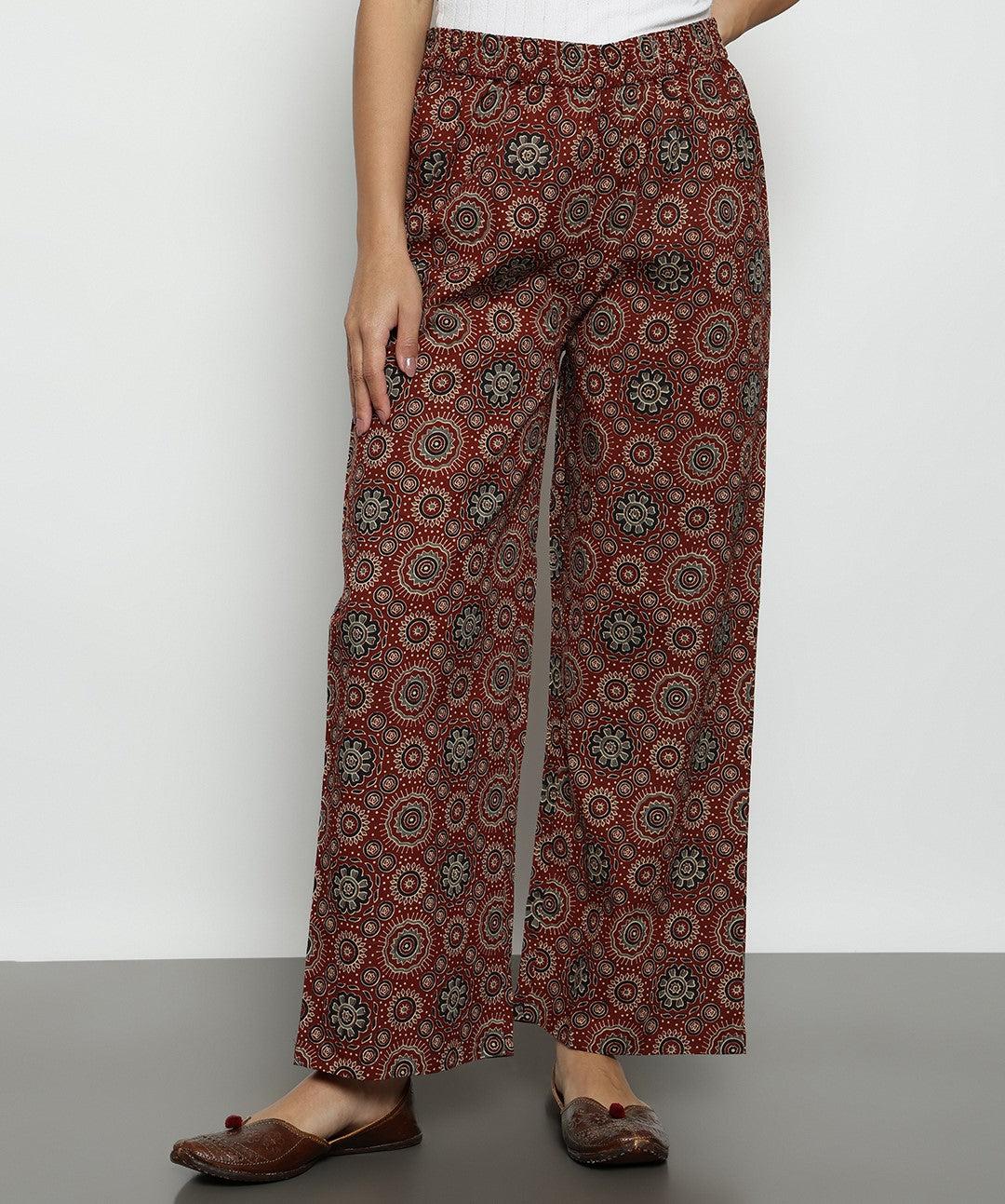 Maroon Ajrak Anarakali Cotton Stitched Kurta, Palazzo With Dupatta