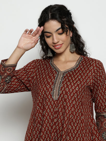 Maroon Ajrak Anarakali Cotton Stitched Kurta, Palazzo With Dupatta