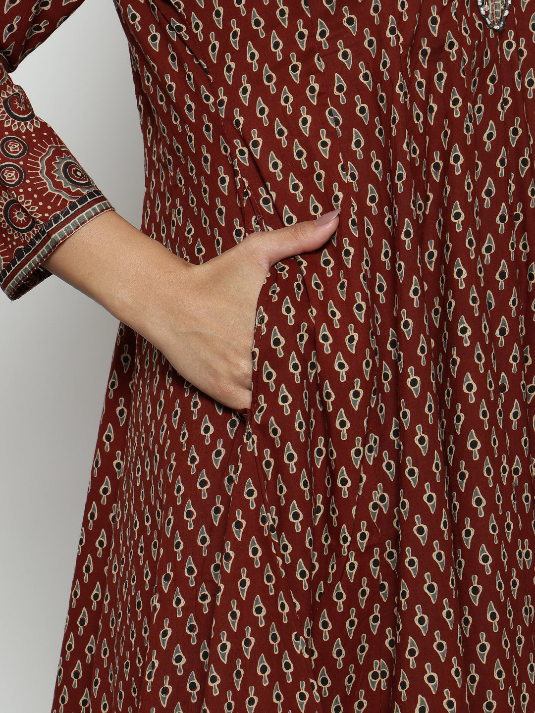 Maroon Ajrak Anarakali Cotton Stitched Kurta, Palazzo With Dupatta