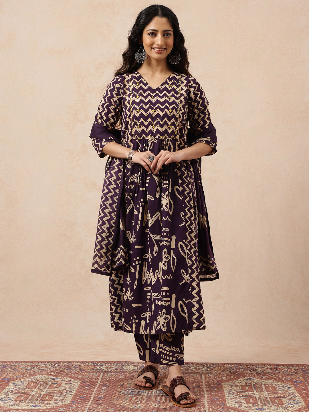 Wine Geometric A-Line Cotton Stitched Kurta, Pant With Dupatta