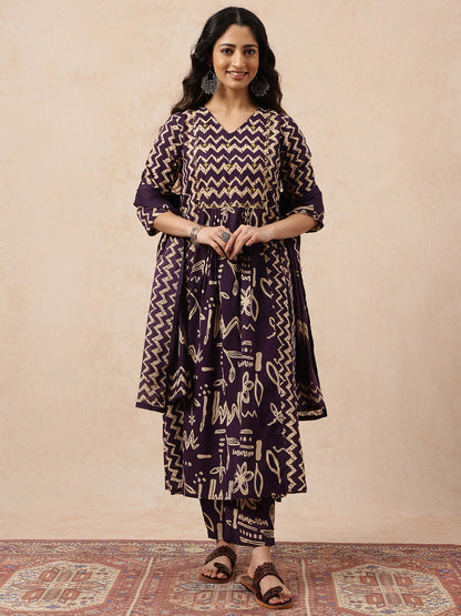 Wine Geometric A-Line Cotton Stitched Kurta, Pant With Dupatta