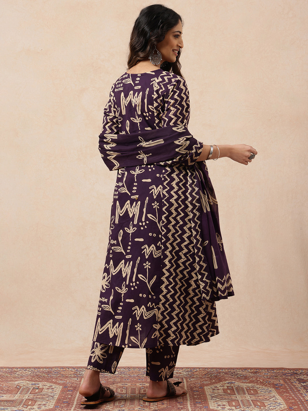 Wine Geometric A-Line Cotton Stitched Kurta, Pant With Dupatta