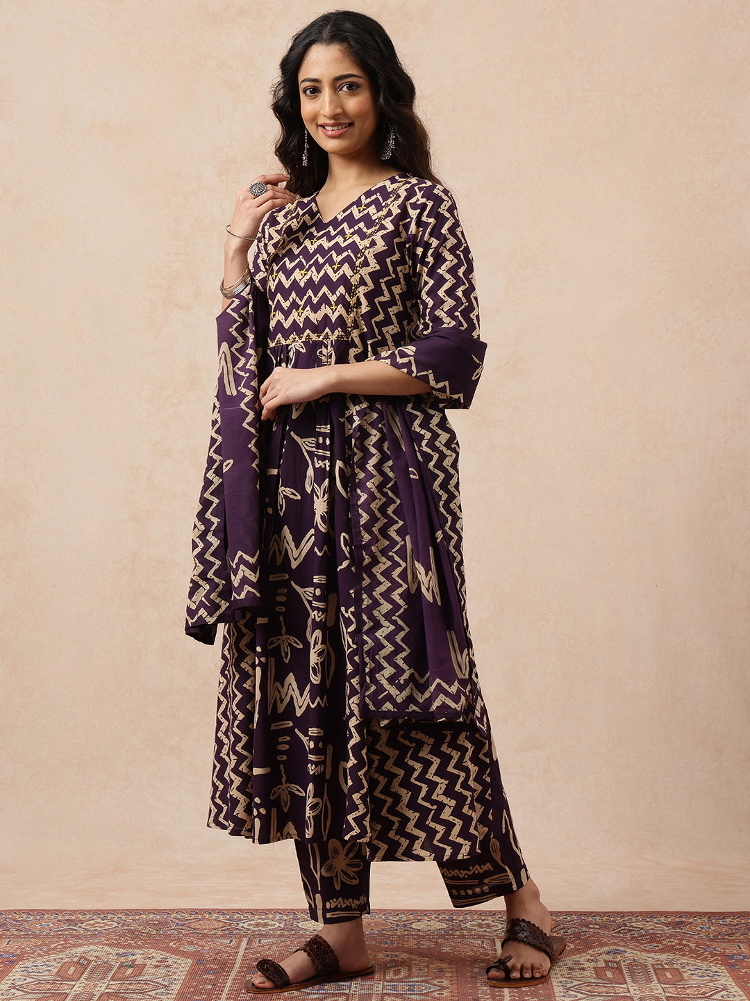 Wine Geometric A-Line Cotton Stitched Kurta, Pant With Dupatta