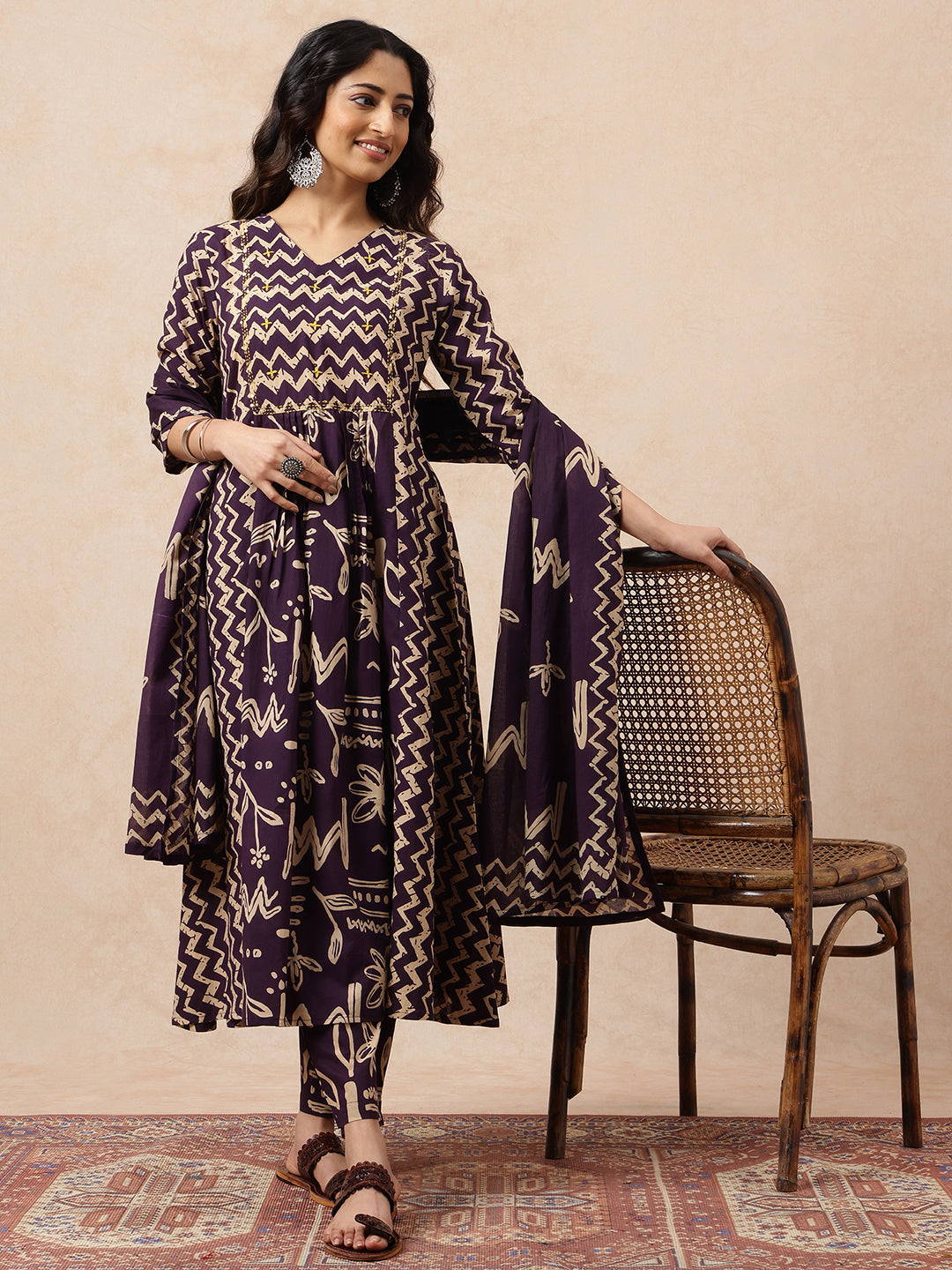 Wine Geometric A-Line Cotton Stitched Kurta, Pant With Dupatta