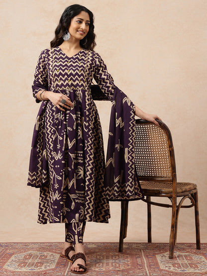 Wine Geometric A-Line Cotton Stitched Kurta, Pant With Dupatta
