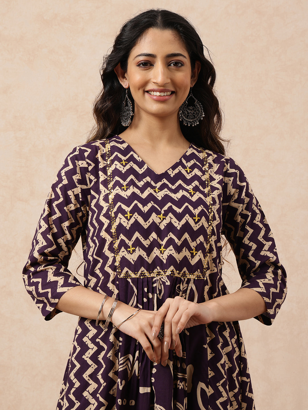 Wine Geometric A-Line Cotton Stitched Kurta, Pant With Dupatta