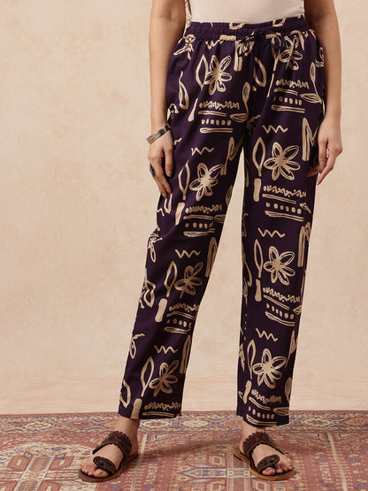 Wine Geometric A-Line Cotton Stitched Kurta, Pant With Dupatta