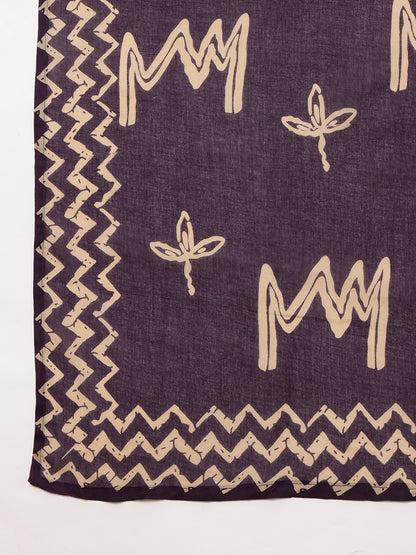 Wine Geometric A-Line Cotton Stitched Kurta, Pant With Dupatta