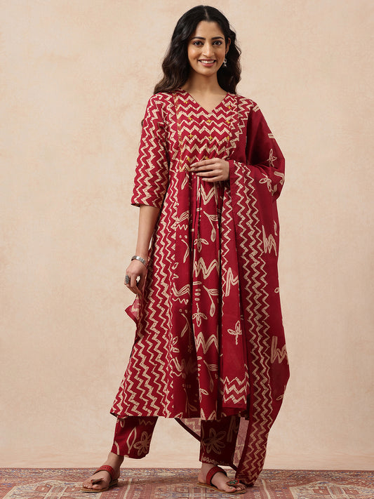 Magenta Geometric A-Line Cotton Stitched Kurta, Pant With Dupatta