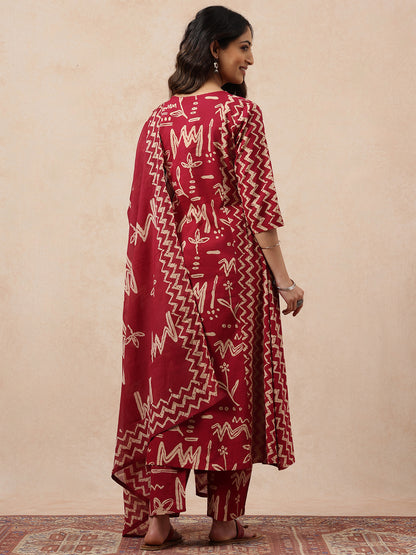 Magenta Geometric A-Line Cotton Stitched Kurta, Pant With Dupatta