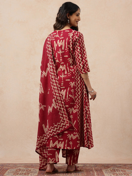 Magenta Geometric A-Line Cotton Stitched Kurta, Pant With Dupatta