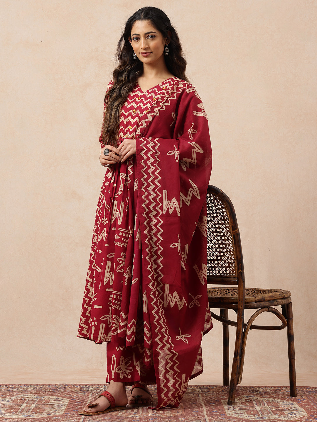 Magenta Geometric A-Line Cotton Stitched Kurta, Pant With Dupatta