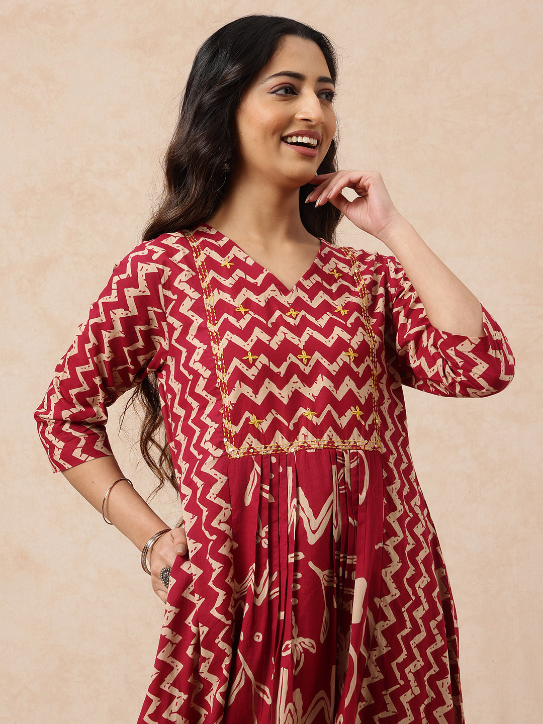 Magenta Geometric A-Line Cotton Stitched Kurta, Pant With Dupatta