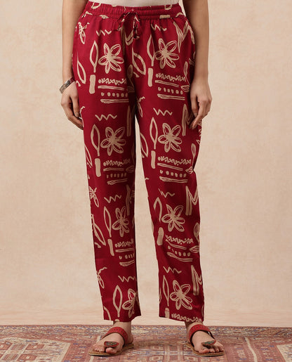 Magenta Geometric A-Line Cotton Stitched Kurta, Pant With Dupatta