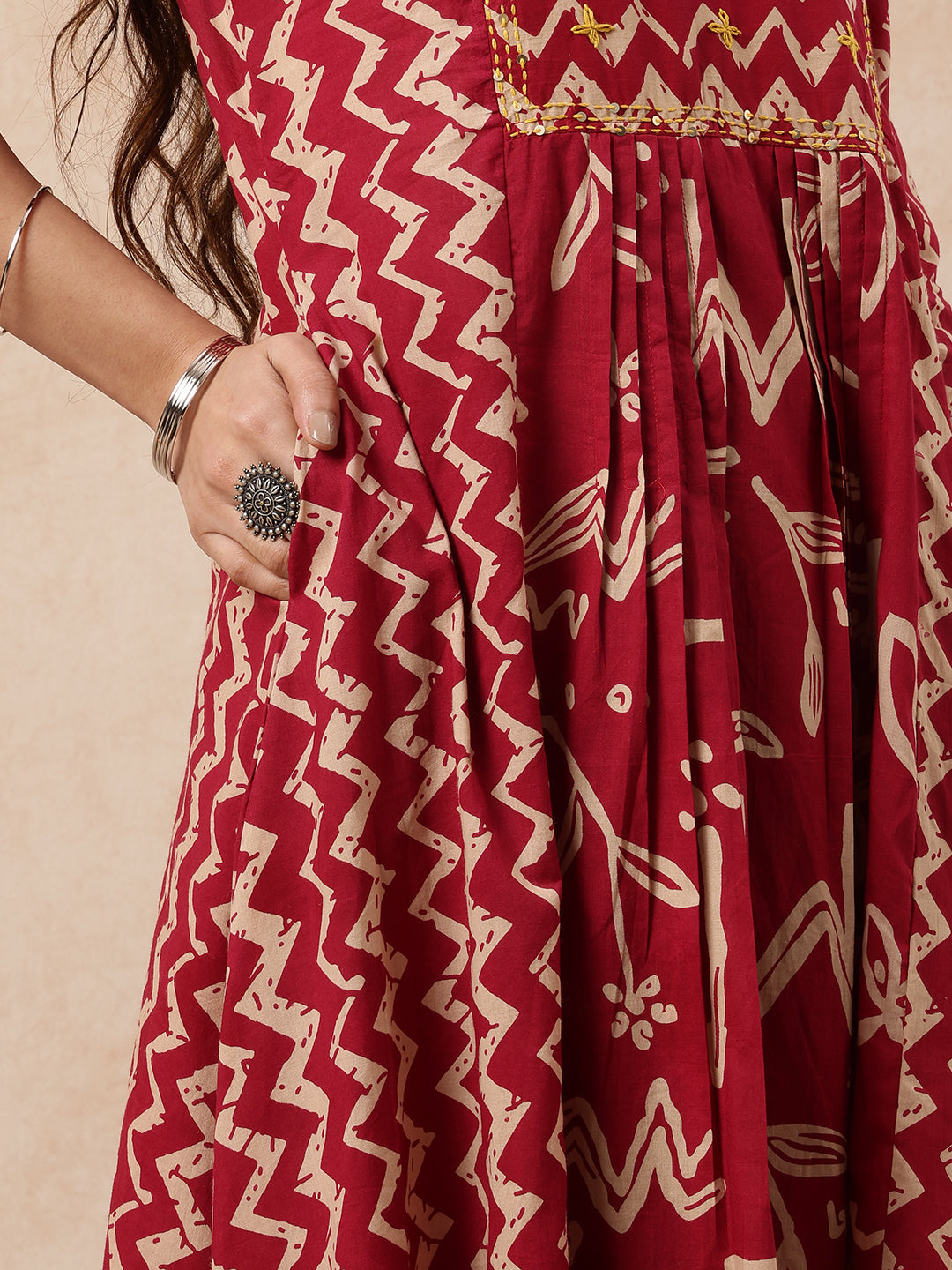 Magenta Geometric A-Line Cotton Stitched Kurta, Pant With Dupatta