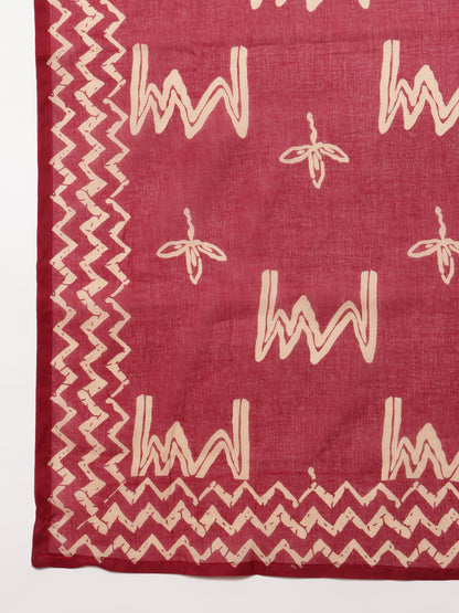 Magenta Geometric A-Line Cotton Stitched Kurta, Pant With Dupatta