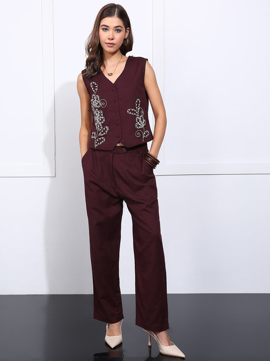 Burgundy Embroidered Straight Cotton Flex Stiched Co-Ord Set