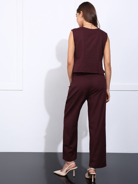 Burgundy Embroidered Straight Cotton Flex Stiched Co-Ord Set