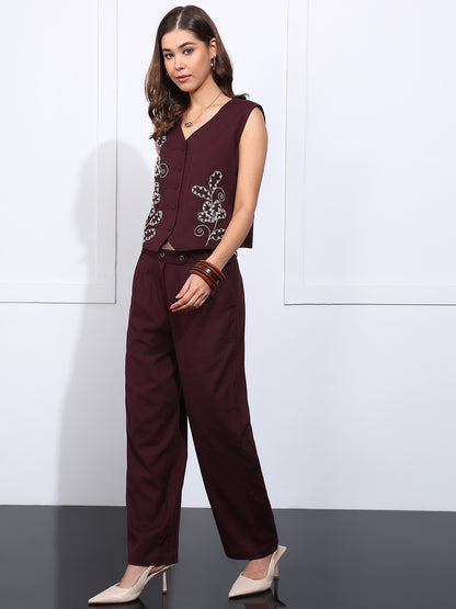 Burgundy Embroidered Straight Cotton Flex Stiched Co-Ord Set