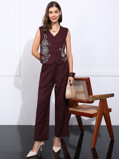 Burgundy Embroidered Straight Cotton Flex Stiched Co-Ord Set