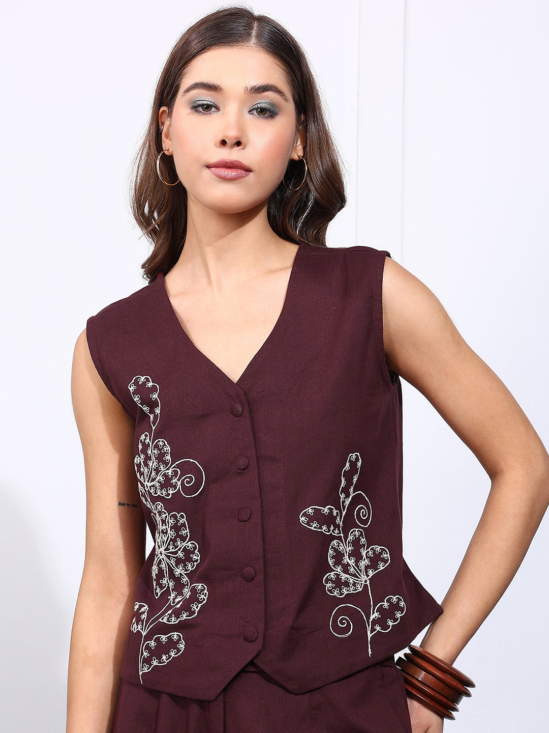 Burgundy Embroidered Straight Cotton Flex Stiched Co-Ord Set