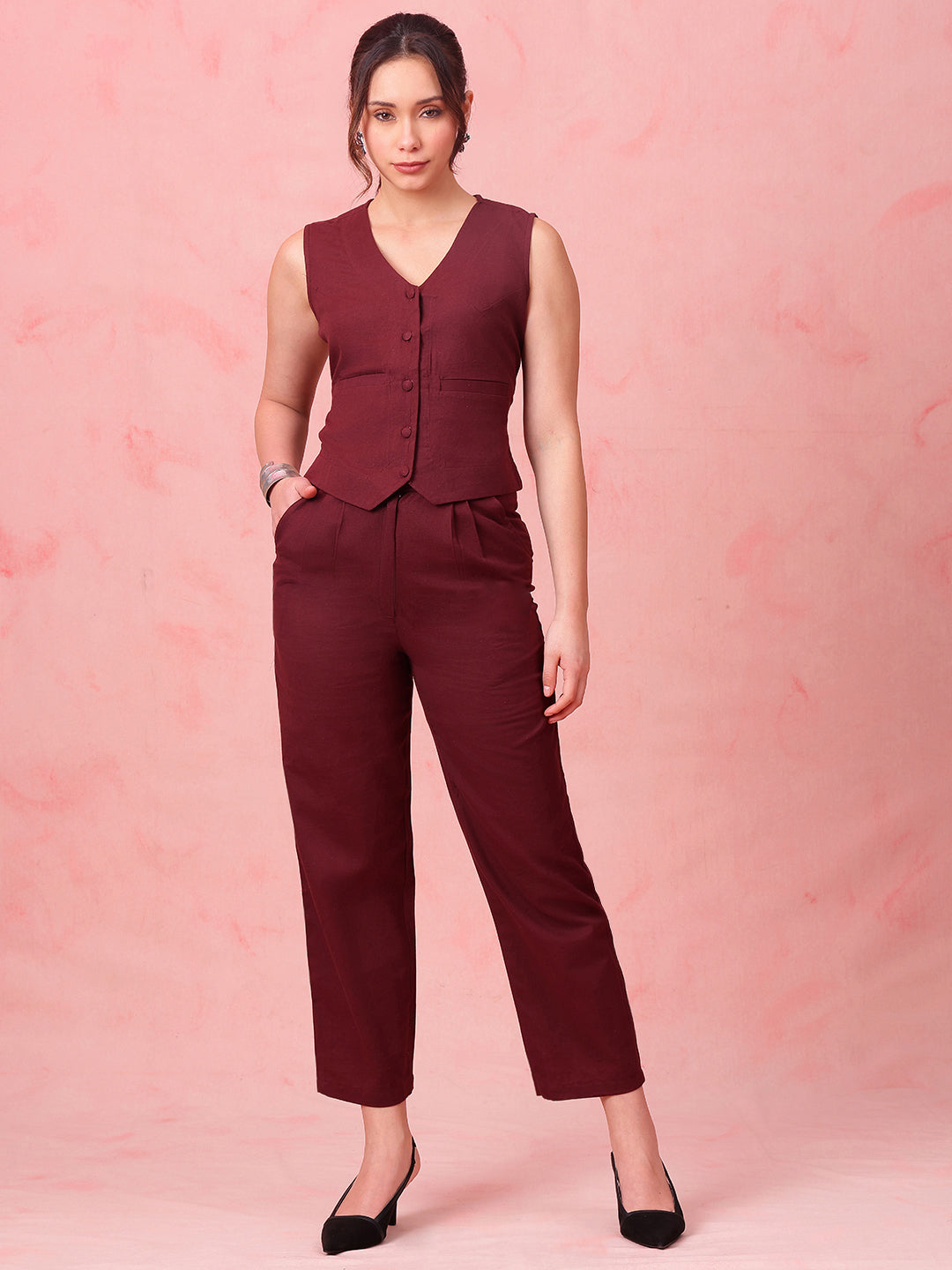 Burgundy Solid Straight Cotton Flex Stitched Co-Ord Set