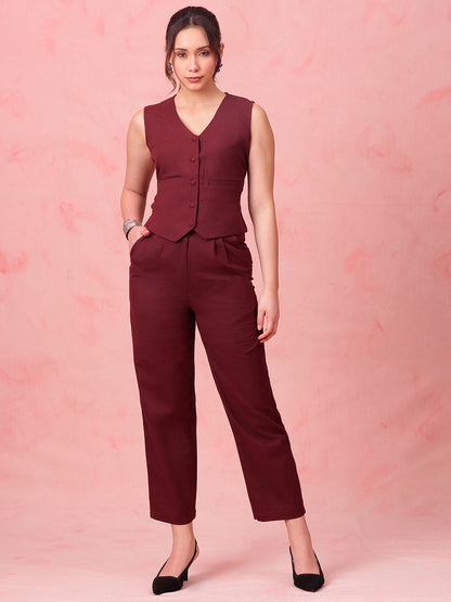Burgundy Solid Straight Cotton Flex Stitched Co-Ord Set