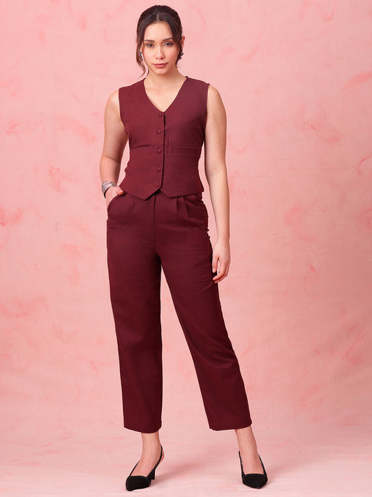Burgundy Solid Straight Cotton Flex Stitched Co-Ord Set