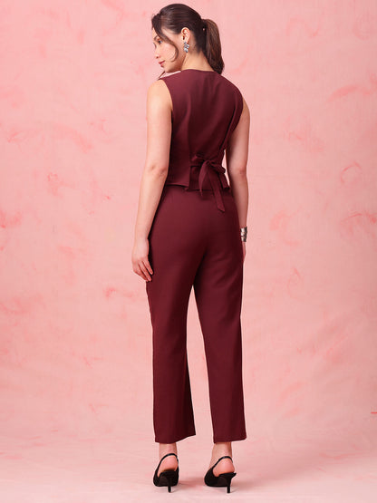 Burgundy Solid Straight Cotton Flex Stitched Co-Ord Set