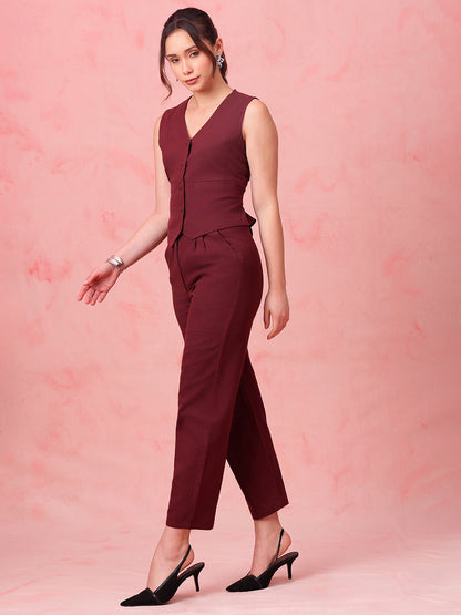 Burgundy Solid Straight Cotton Flex Stitched Co-Ord Set
