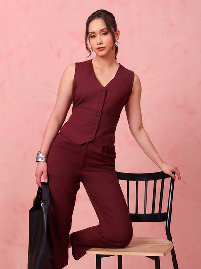 Burgundy Solid Straight Cotton Flex Stitched Co-Ord Set