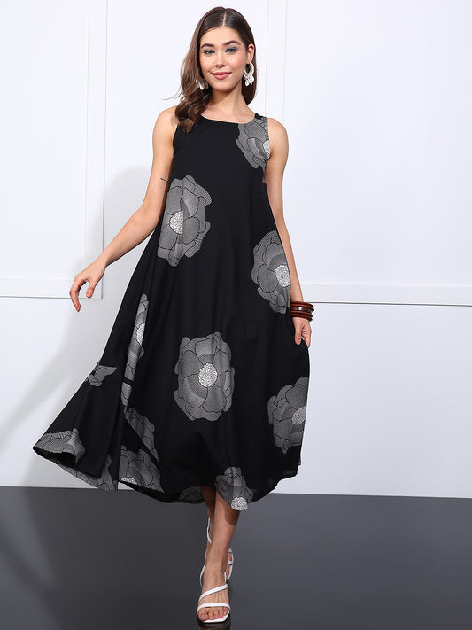 Black Floral Printed Fit & Flare Cotton Stitched Dress