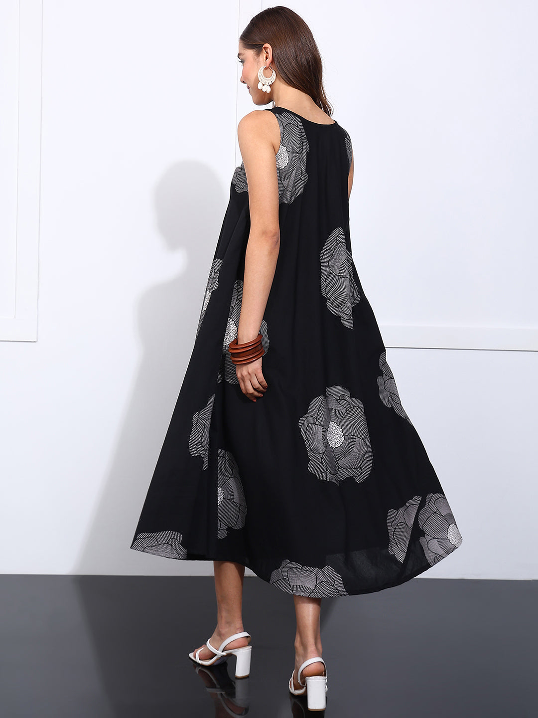 Black Floral Printed Fit & Flare Cotton Stitched Dress