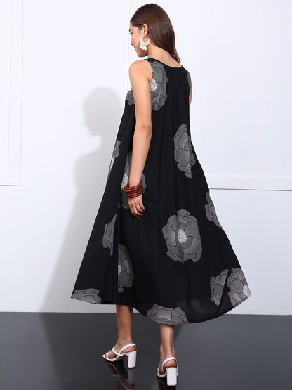Black Floral Printed Fit & Flare Cotton Stitched Dress