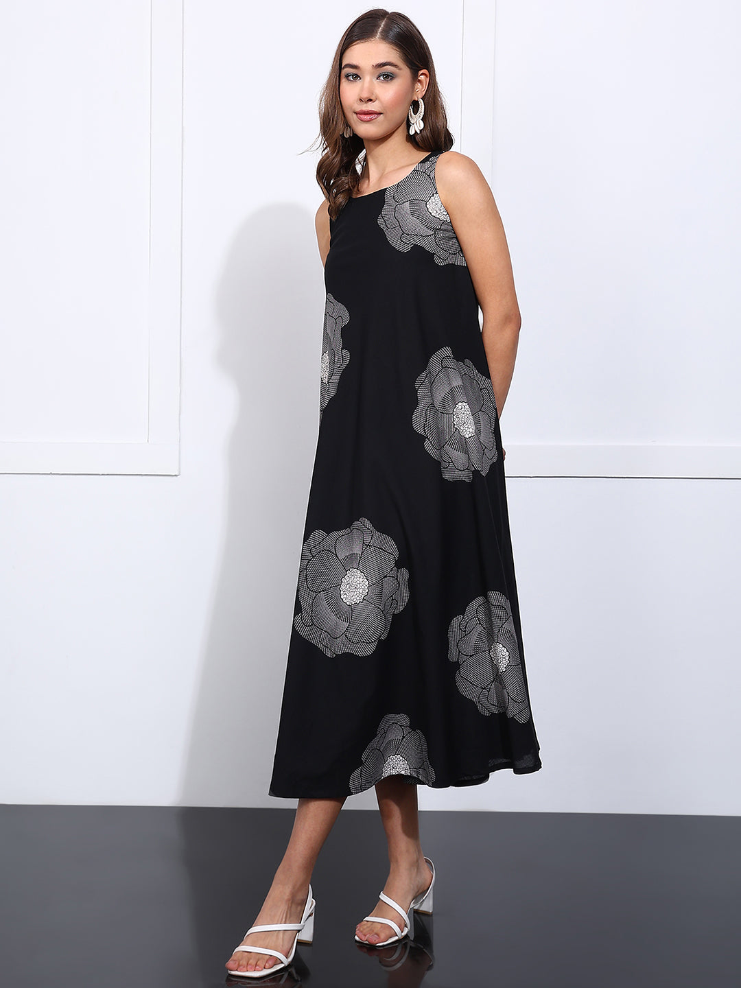 Black Floral Printed Fit & Flare Cotton Stitched Dress
