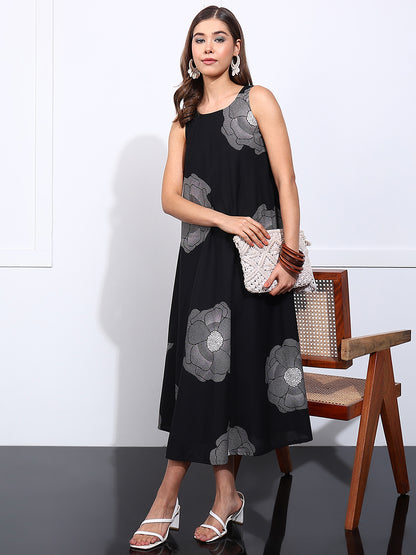 Black Floral Printed Fit & Flare Cotton Stitched Dress
