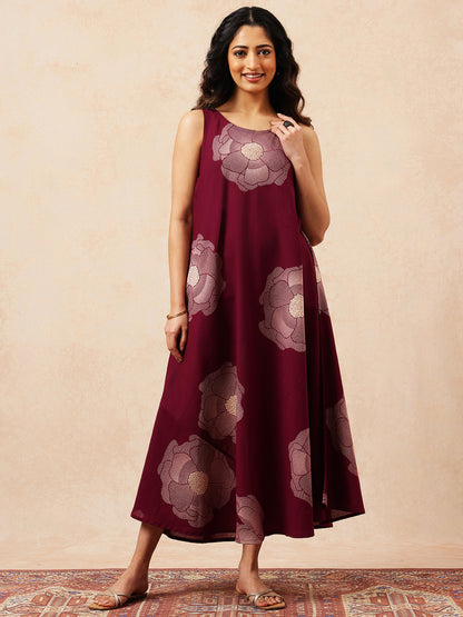 Magenta Floral Printed Fit & Flare Cotton Stitched Dress