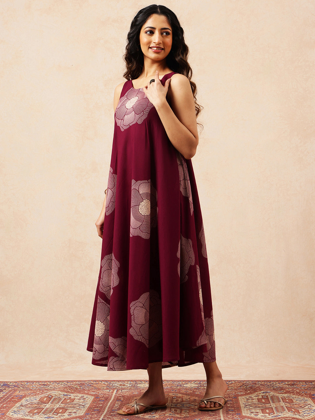 Magenta Floral Printed Fit & Flare Cotton Stitched Dress