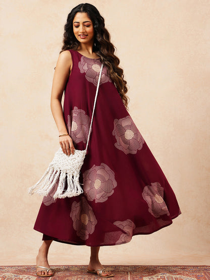 Magenta Floral Printed Fit & Flare Cotton Stitched Dress