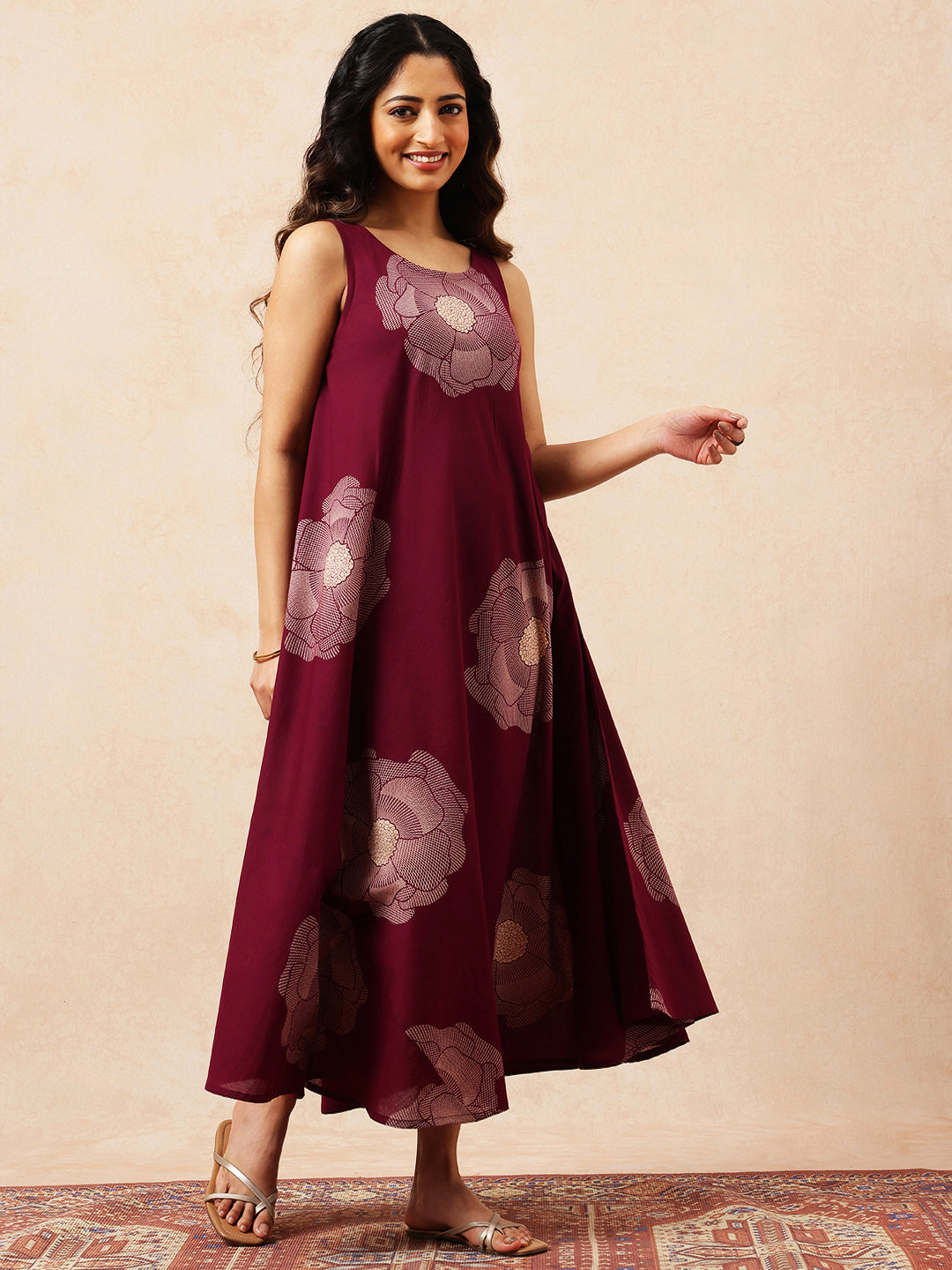 Magenta Floral Printed Fit & Flare Cotton Stitched Dress