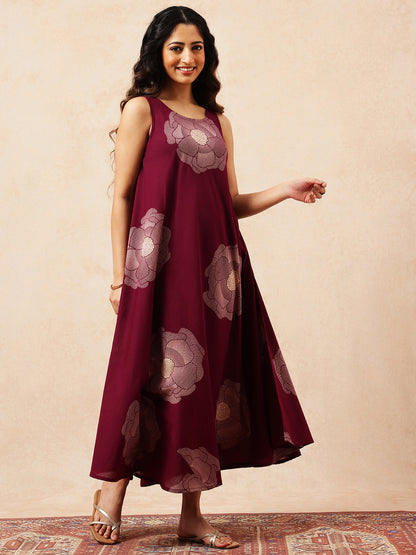 Magenta Floral Printed Fit & Flare Cotton Stitched Dress