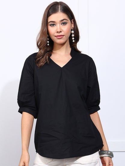 Black Solid Straight Cotton Stitched Top